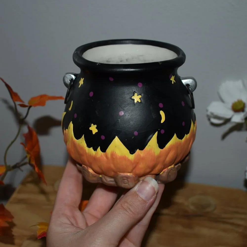Vintage Ceramic Stars Moon Witch Cauldron Candle Holder Fall Halloween Decor